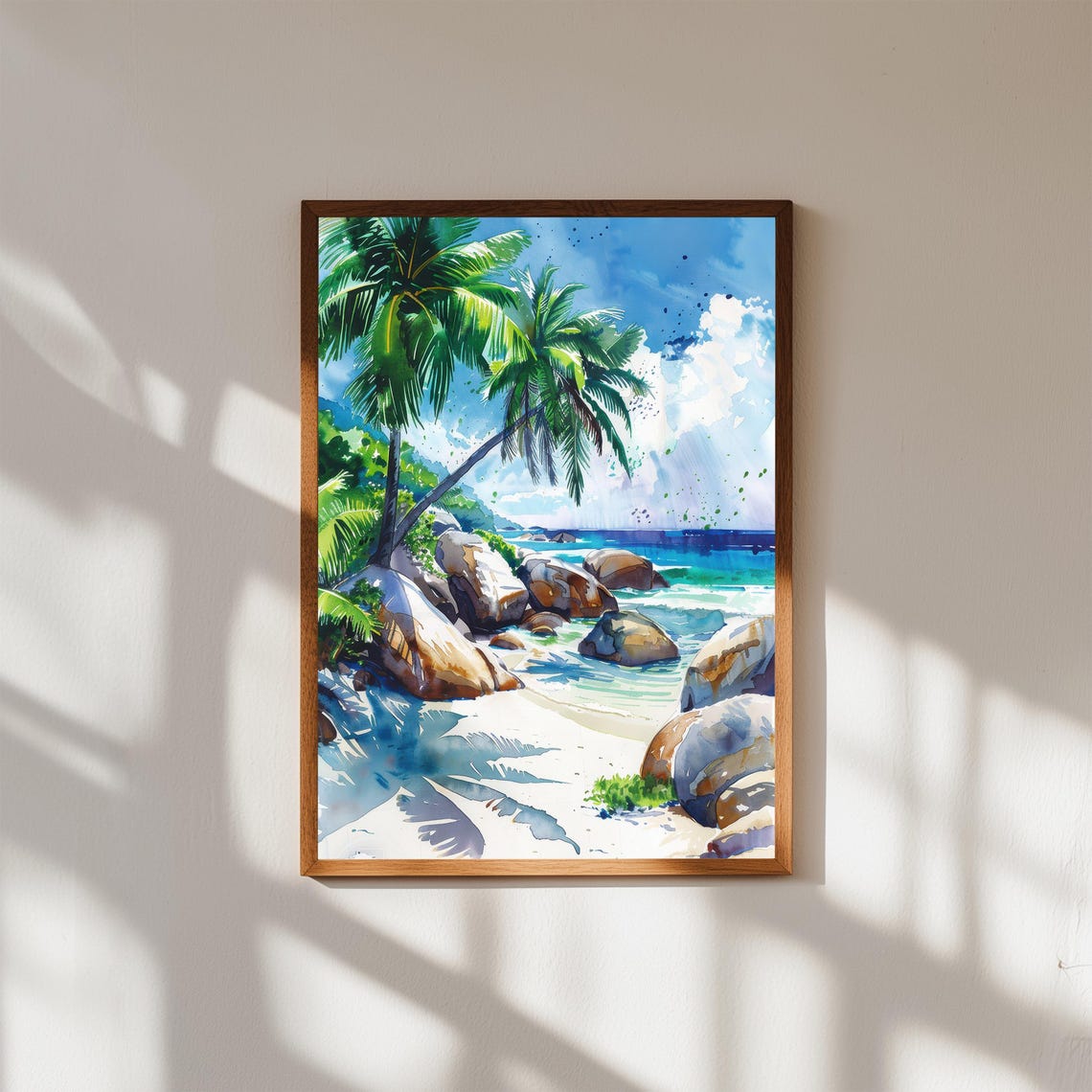 Seychelles Tropical Beach Palm Trees Granite Rocks Watercolor Poster