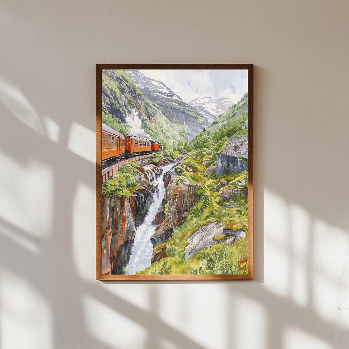 Norway Scenic Railway Watercolor Print Red Train Mountain Gorge