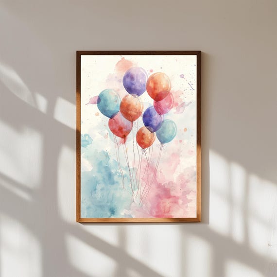 Pastel Balloon Watercolor Print Whimsical Nursery Art