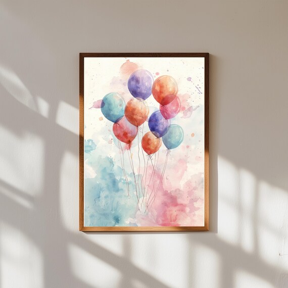 Pastel Watercolor Balloon Bunch Floating Upward Sky Art Print