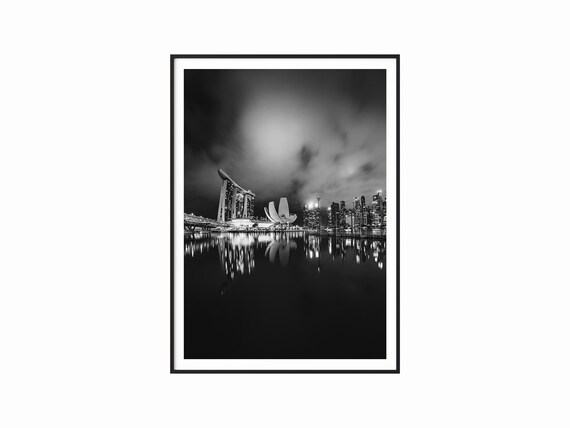 Marina Bay Sands Black And White Night Cityscape Singapore Art Poster