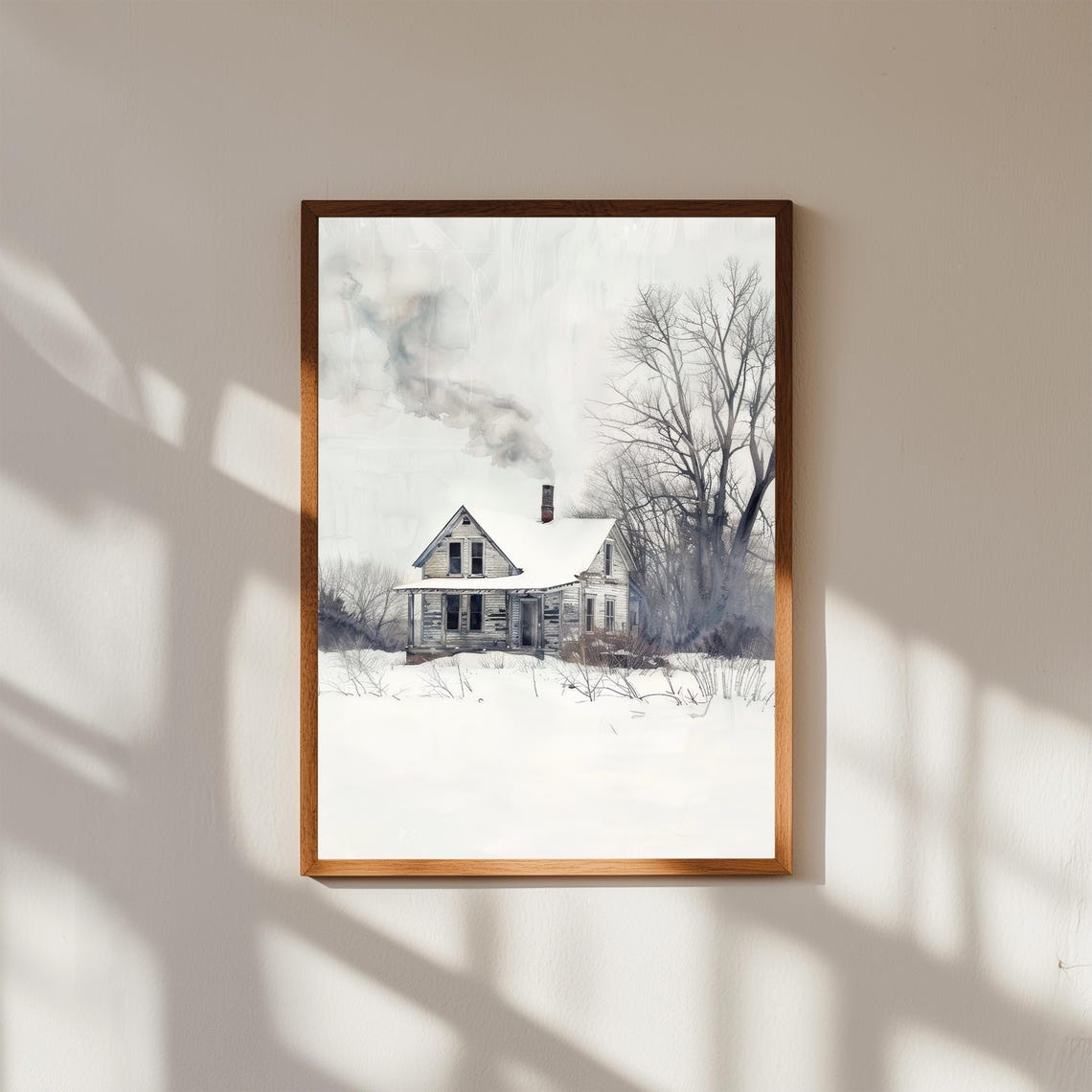 Snowy Winter Farmhouse Chimney Smoke Rural Landscape Painting Print
