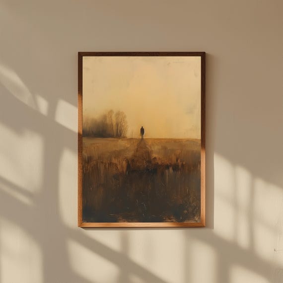 Lone Figure Walking In Golden Harvested Field At Dusk Moody Poster