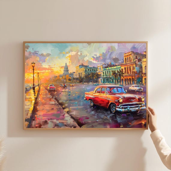 Havana Art Print Vintage Car Cityscape Oil Painting
