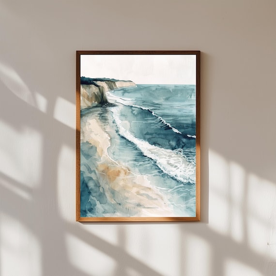 Aerial Coastal Seascape Watercolor Ocean Waves Beach Cliffs Poster