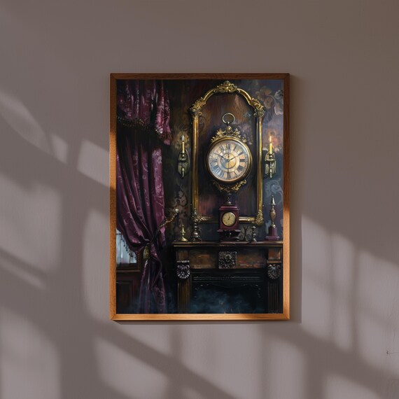 Antique Clock on Ornate Mantel with Velvet Drapes Gothic Poster