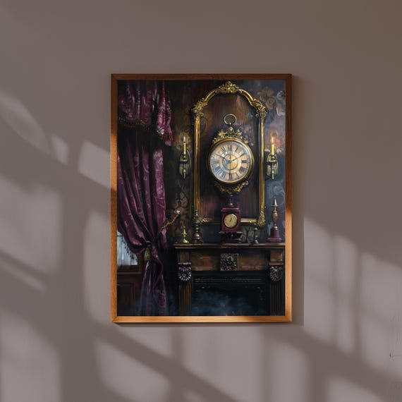 Dark Academia Fine Art Print Antique Clock On Mantel With Velvet Drapes Moody Vintage Wall Decor For Study Or Library