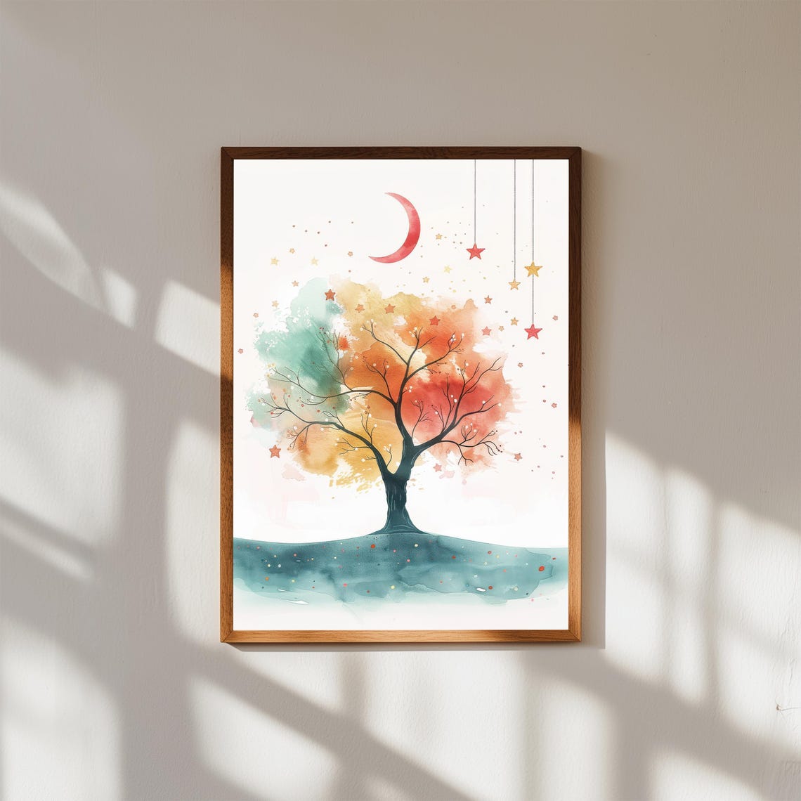 Watercolor Tree Print Whimsical Moon Stars Pastel Nursery Art