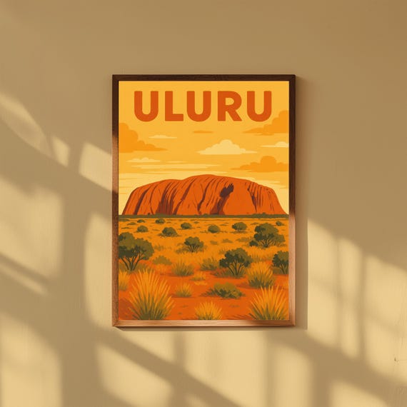 Uluru Vintage Travel Poster Australia Outback Wall Art Retro Print Desert Landscape Illustration Ayers Rock Home Decor
