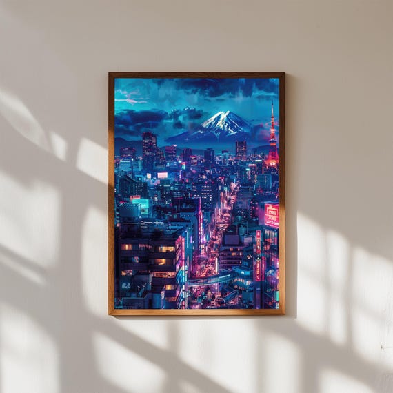 Tokyo Night Cityscape Mount Fuji Neon Anime Style Art Poster