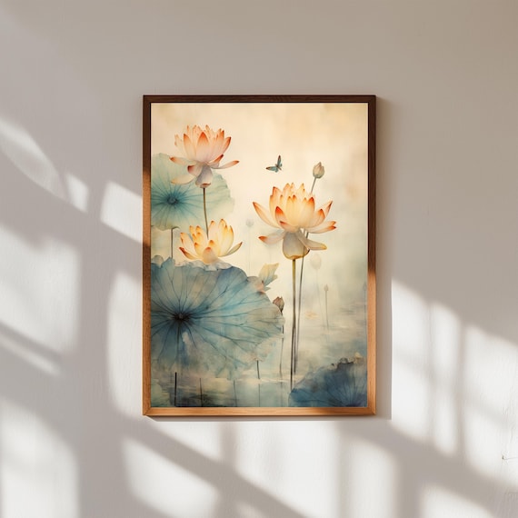 Pond Art Print Zen Botanical Painting For Spa Decor