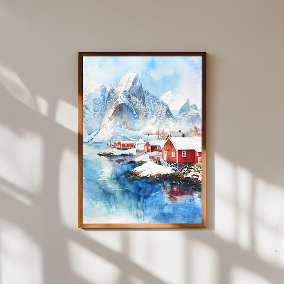 Lofoten Norway Red Fishing Cabins Snowy Peaks Watercolor Print