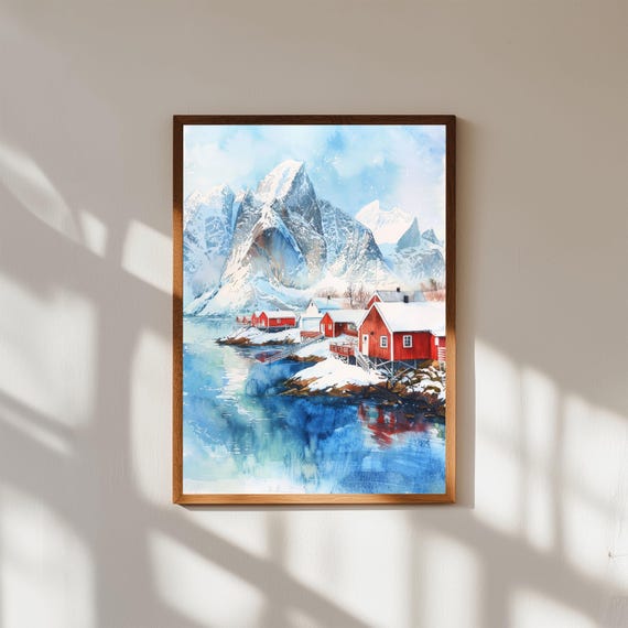Lofoten Norway Winter Watercolor Print Arctic Fishing Village Art