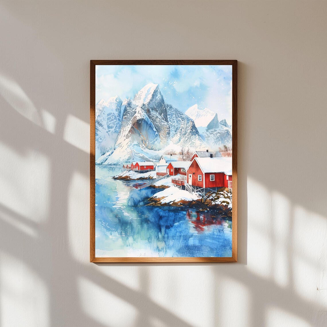 Lofoten Norway Red Fishing Cabins Snowy Peaks Watercolor Print