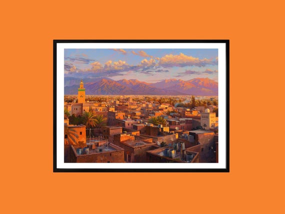 Marrakech Sunset Print Morocco Cityscape Atlas Mountains Boho Travel Art