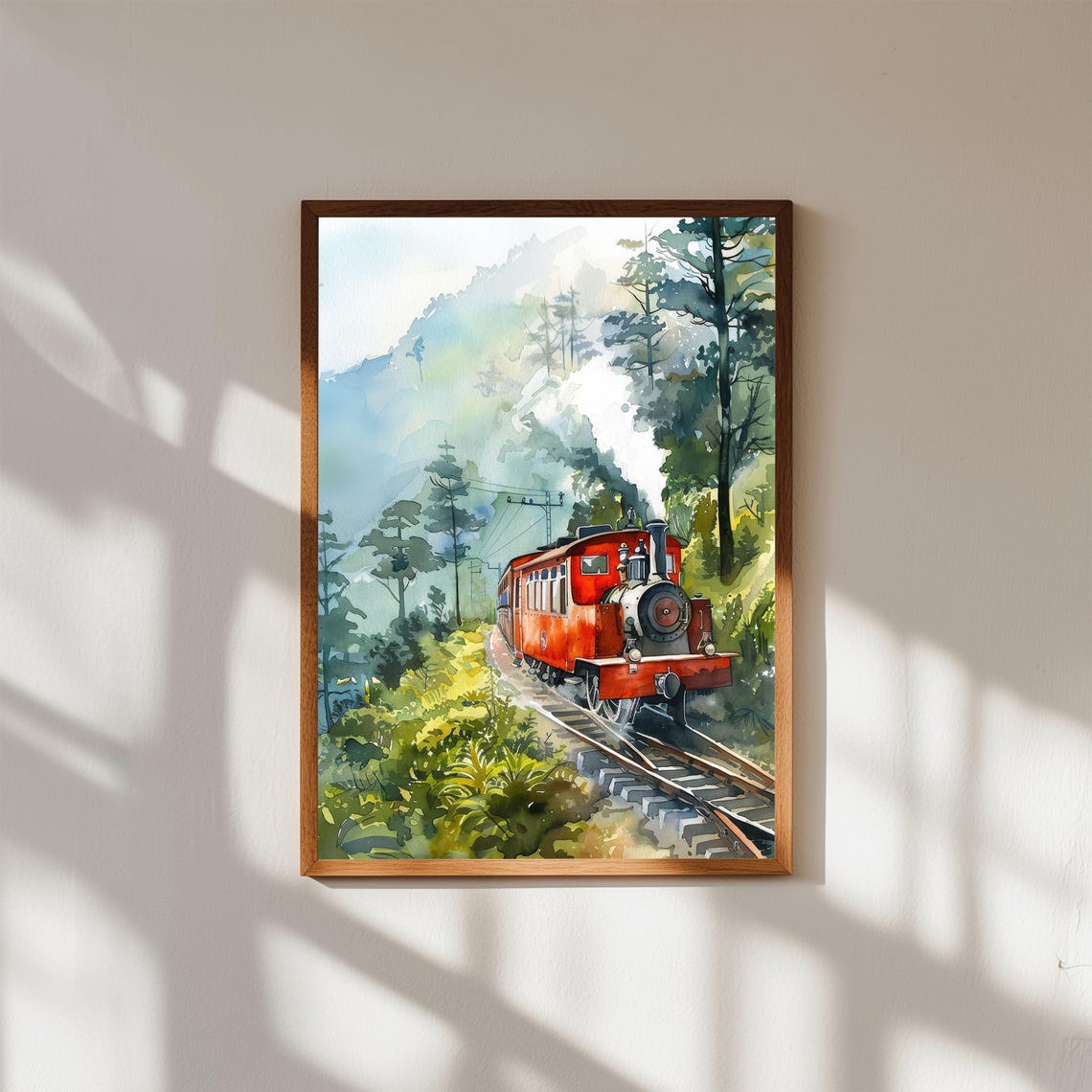 Red Steam Train Misty Mountain Railway Watercolor Art Poster