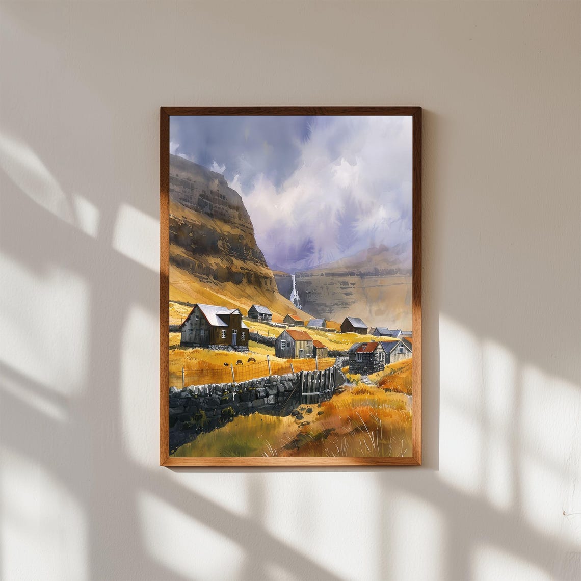 Faroe Islands Nordic Village Watercolor Golden Cliffs Waterfall Print