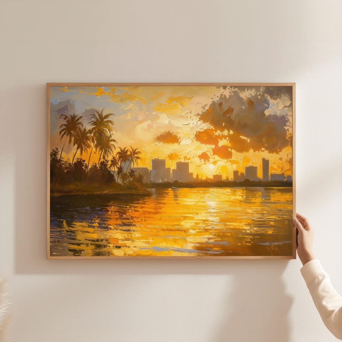 City Skyline Sunset Print Tropical Palm Lagoon Modern Oil Painting