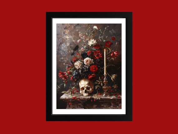 Skull with Red Roses and Candle Dark Floral Still Life Poster
