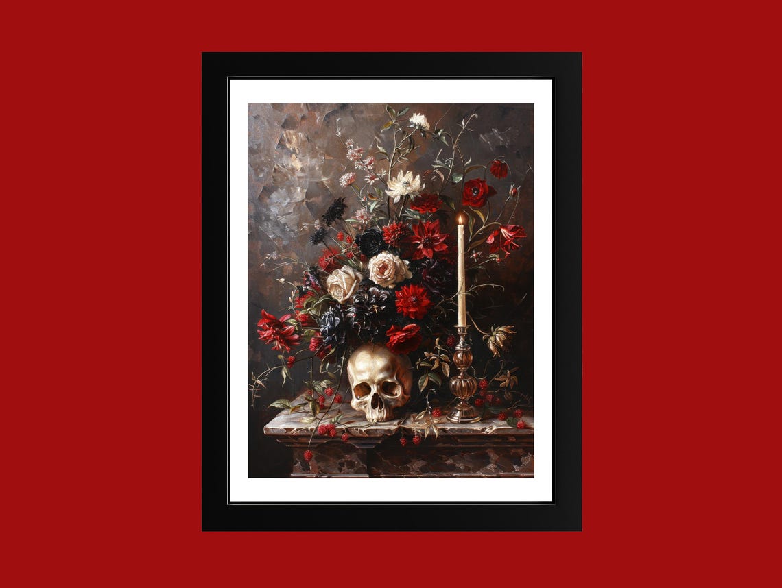 Skull with Red Roses and Candle Dark Floral Still Life Poster