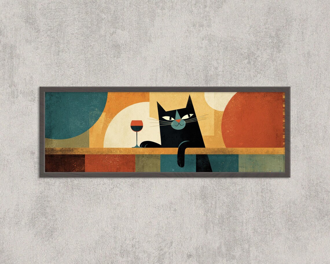 Mid Century Modern Cat With Wine Art Print