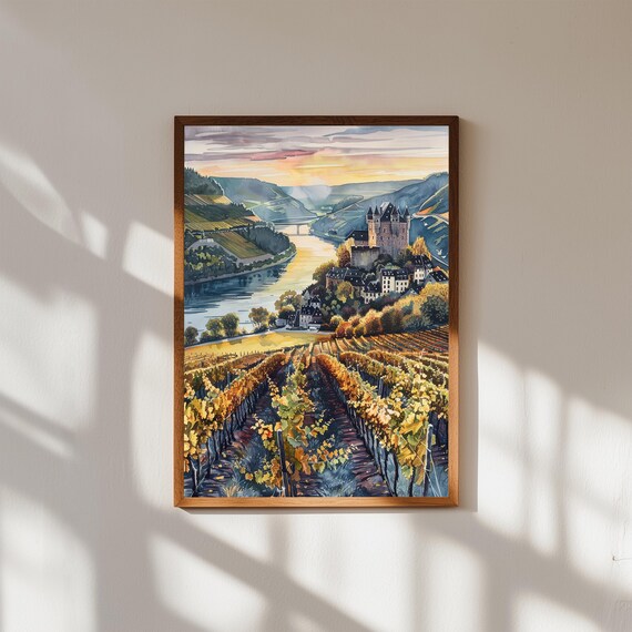 Rhine Valley Castle Sunset Vineyard River Art Watercolor Poster