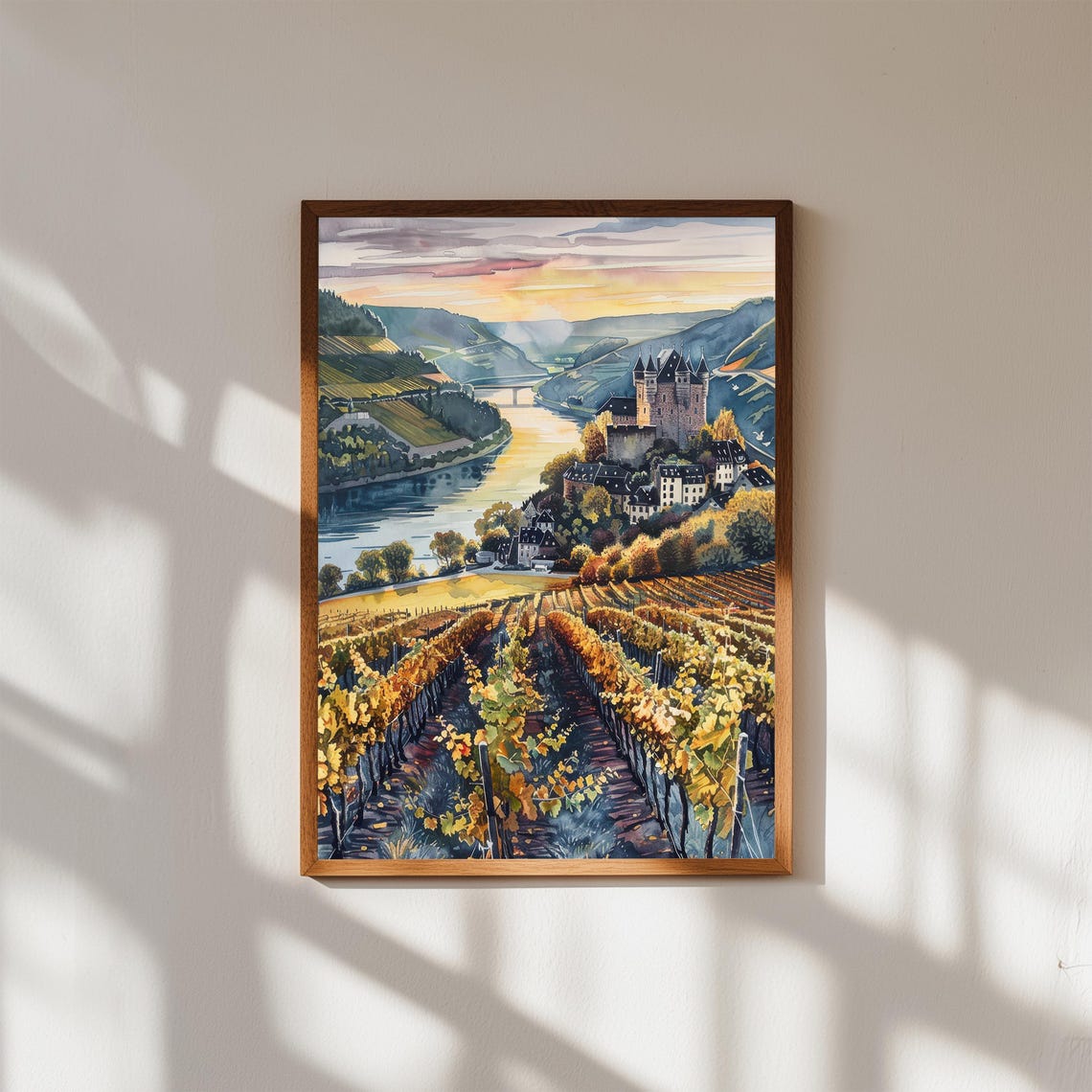 Rhine Valley Castle Sunset Vineyard River Art Watercolor Poster