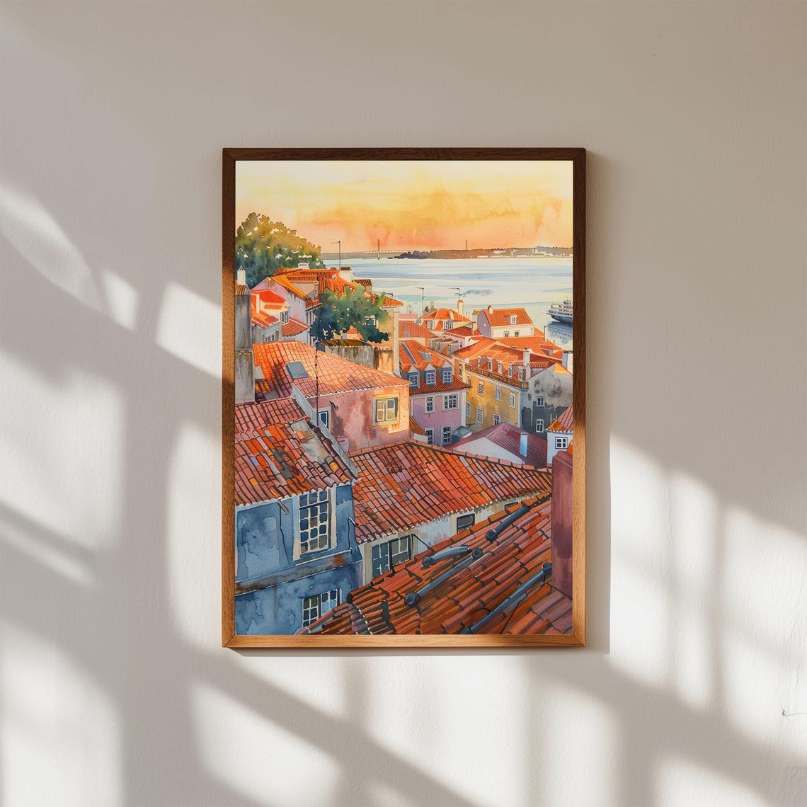 Lisbon Rooftops Watercolor Print Alfama Sunset Portugal Cityscape