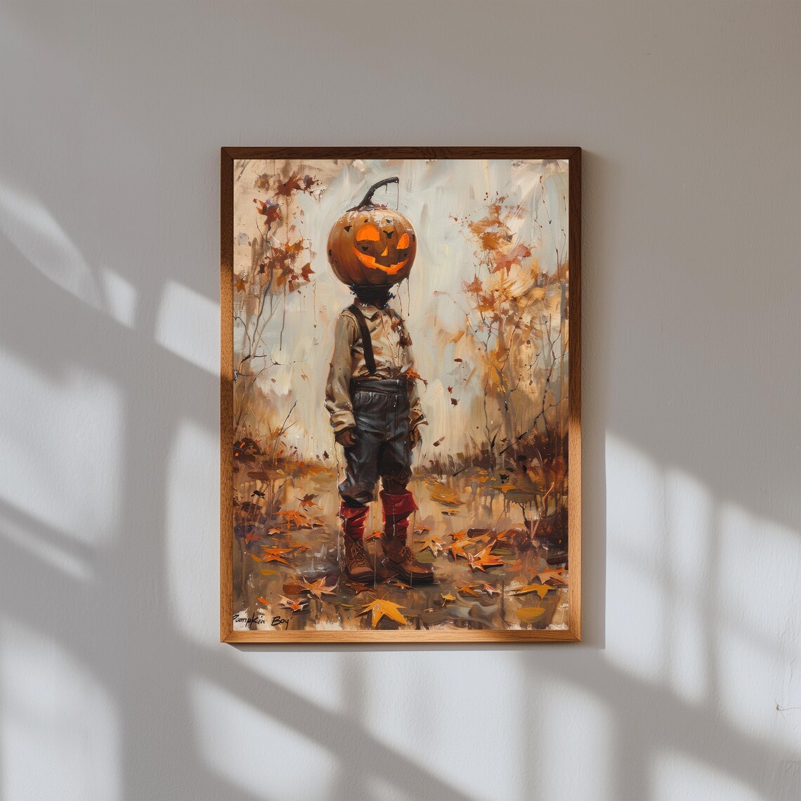 Glowing Pumpkin Head Boy In Foggy Autumn Woods Spooky Halloween Poster