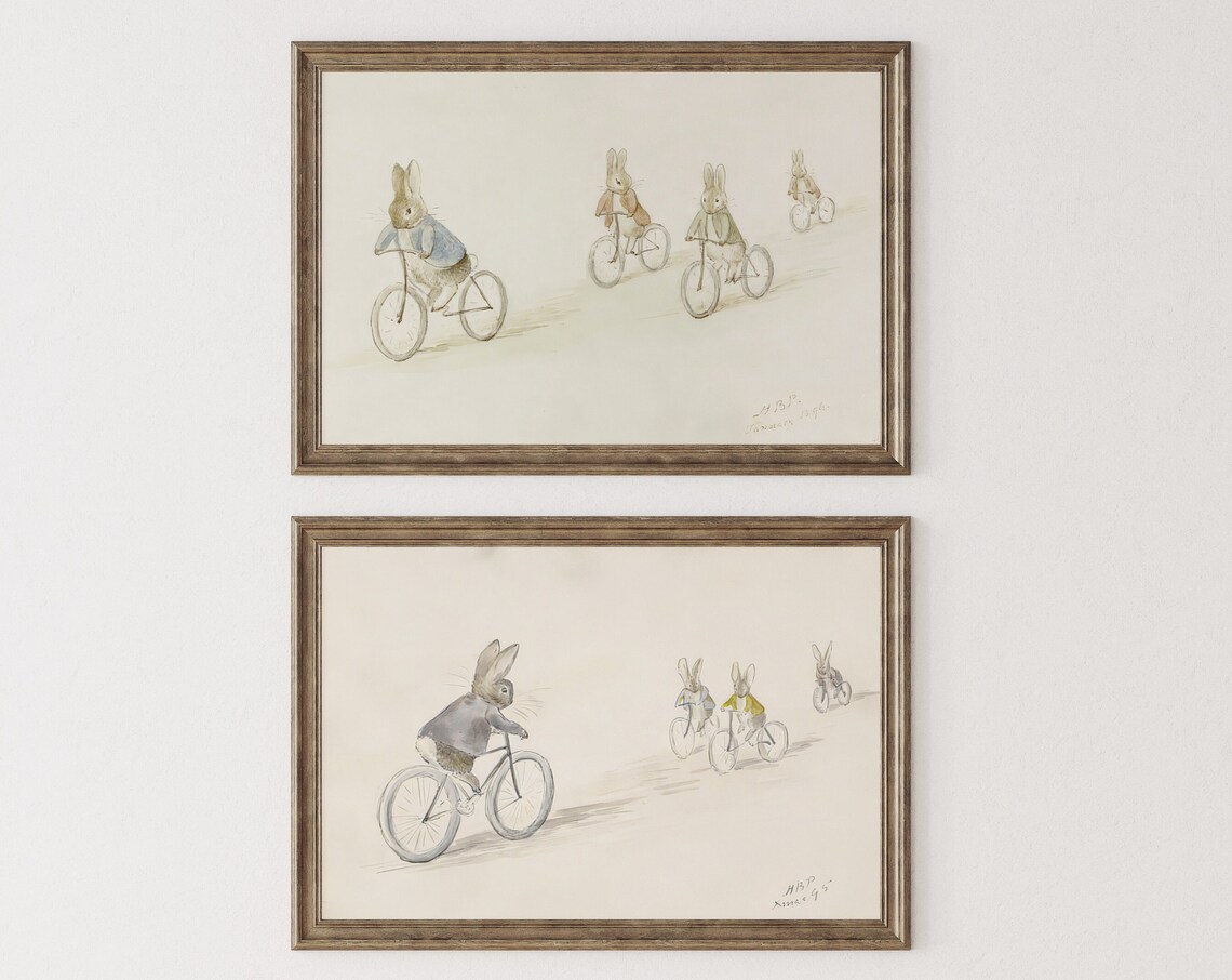 Beatrix Potter Biker Bunnies Vintage Nursery Art Print