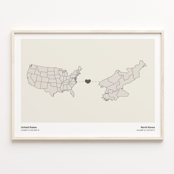 United States to North Korea Heart Connection Minimal Map Poster