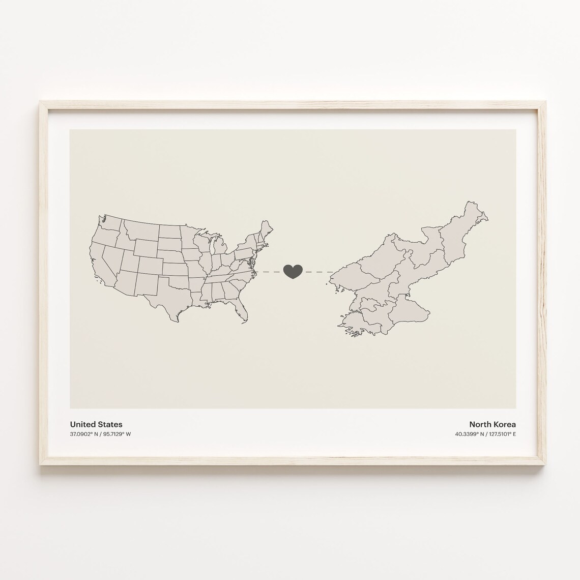 United States to North Korea Heart Connection Minimal Map Poster