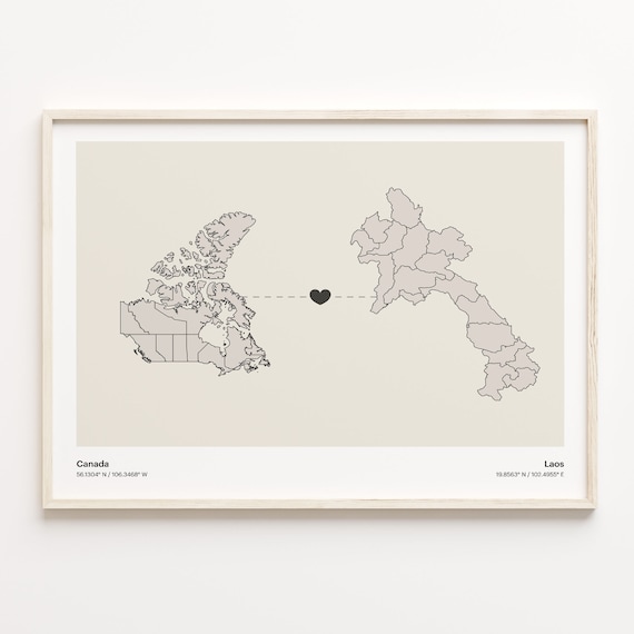 Canada To Laos Minimalist Heart Link Two Country Map Travel Poster