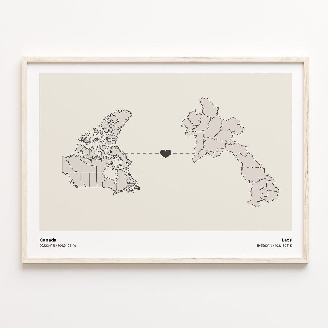 Canada To Laos Minimalist Heart Link Two Country Map Travel Poster