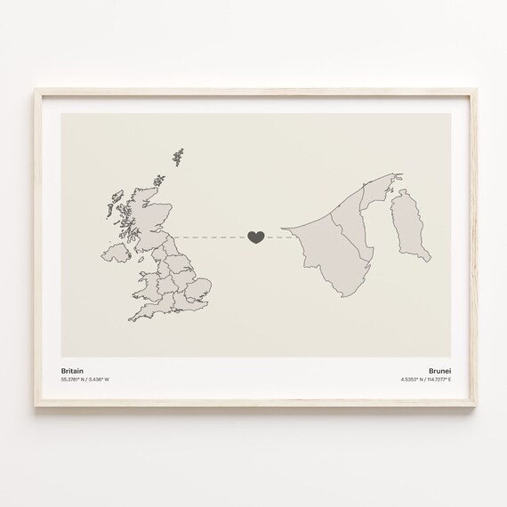 Britain To Brunei Minimalist Heart Map Connection Gift Poster