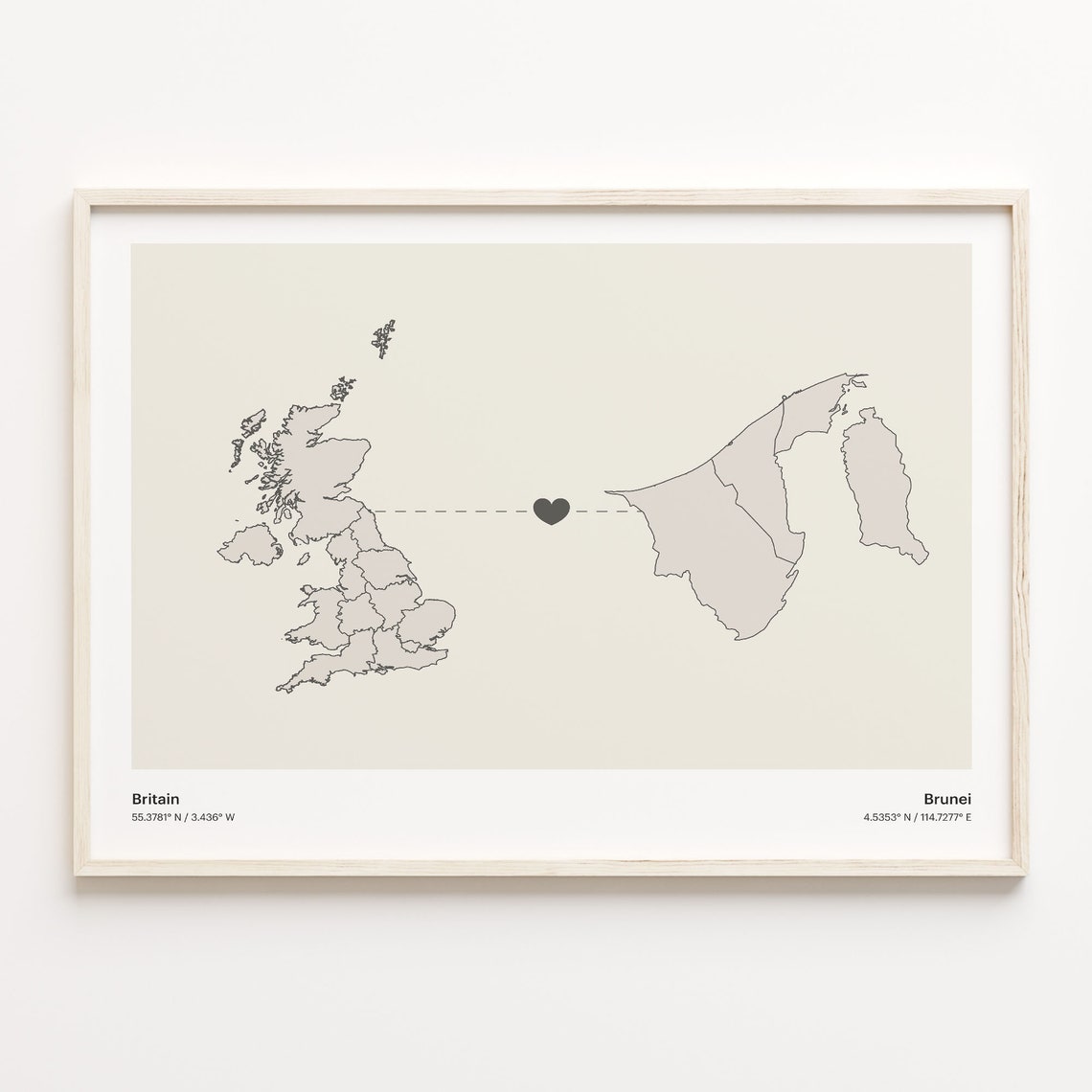 Britain To Brunei Minimalist Heart Map Connection Gift Poster