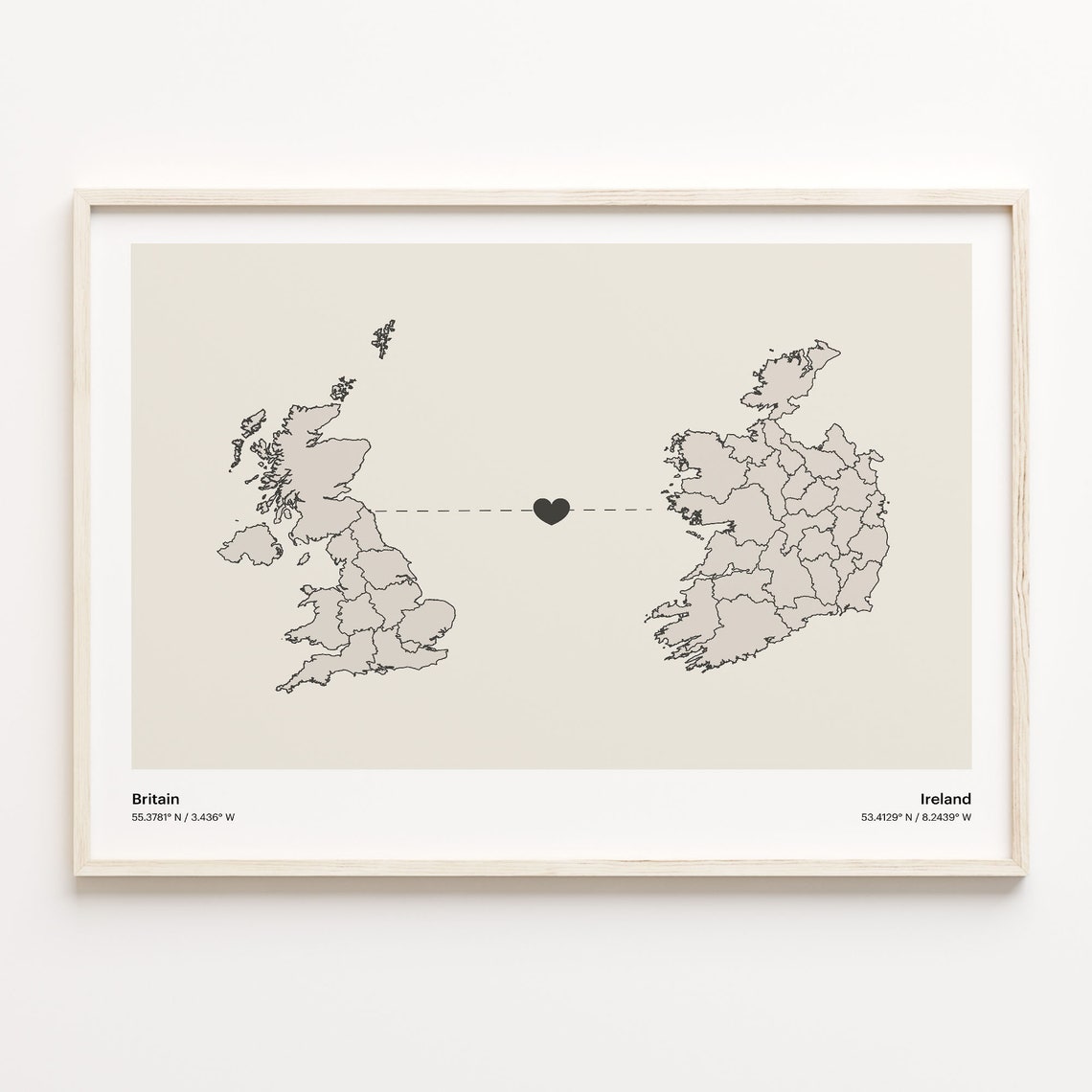 Britain Ireland Long Distance Heart Connection Map Gift Poster