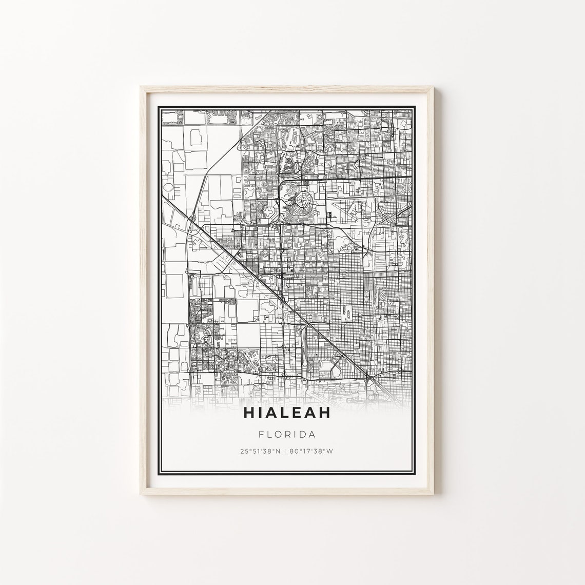 Hialeah Florida Minimalist Modern Black And White City Map Poster
