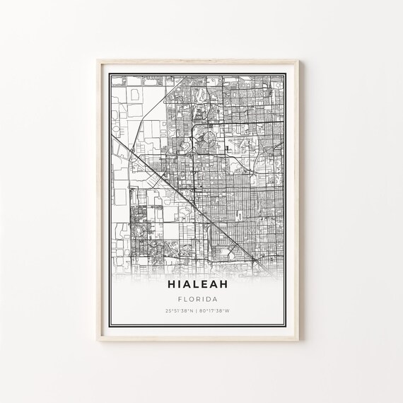 Hialeah Florida Minimalist Modern Black And White City Map Poster