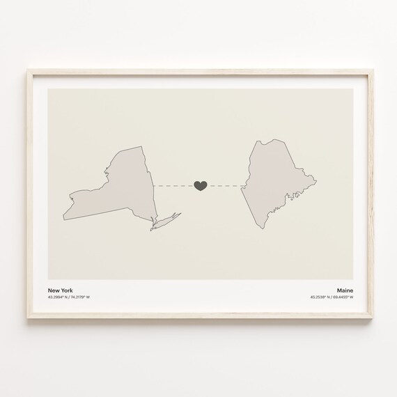 New York to Maine Long Distance Heart Map Minimalist Connection Poster
