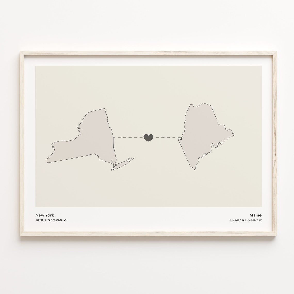 New York to Maine Long Distance Heart Map Minimalist Connection Poster