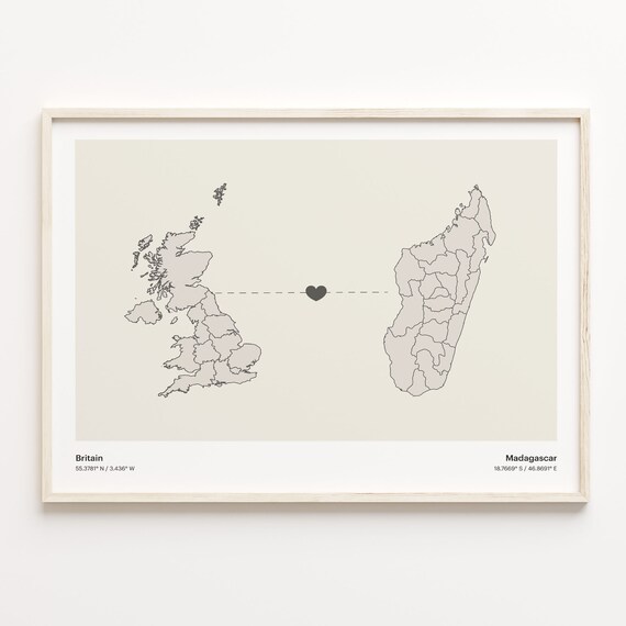 Britain Madagascar Long Distance Heart Connection Map Gift Poster