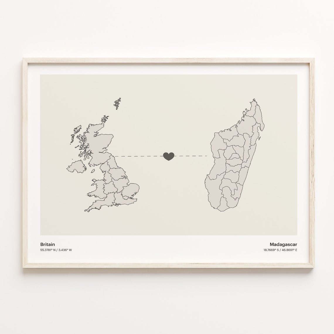 Britain Madagascar Long Distance Heart Connection Map Gift Poster