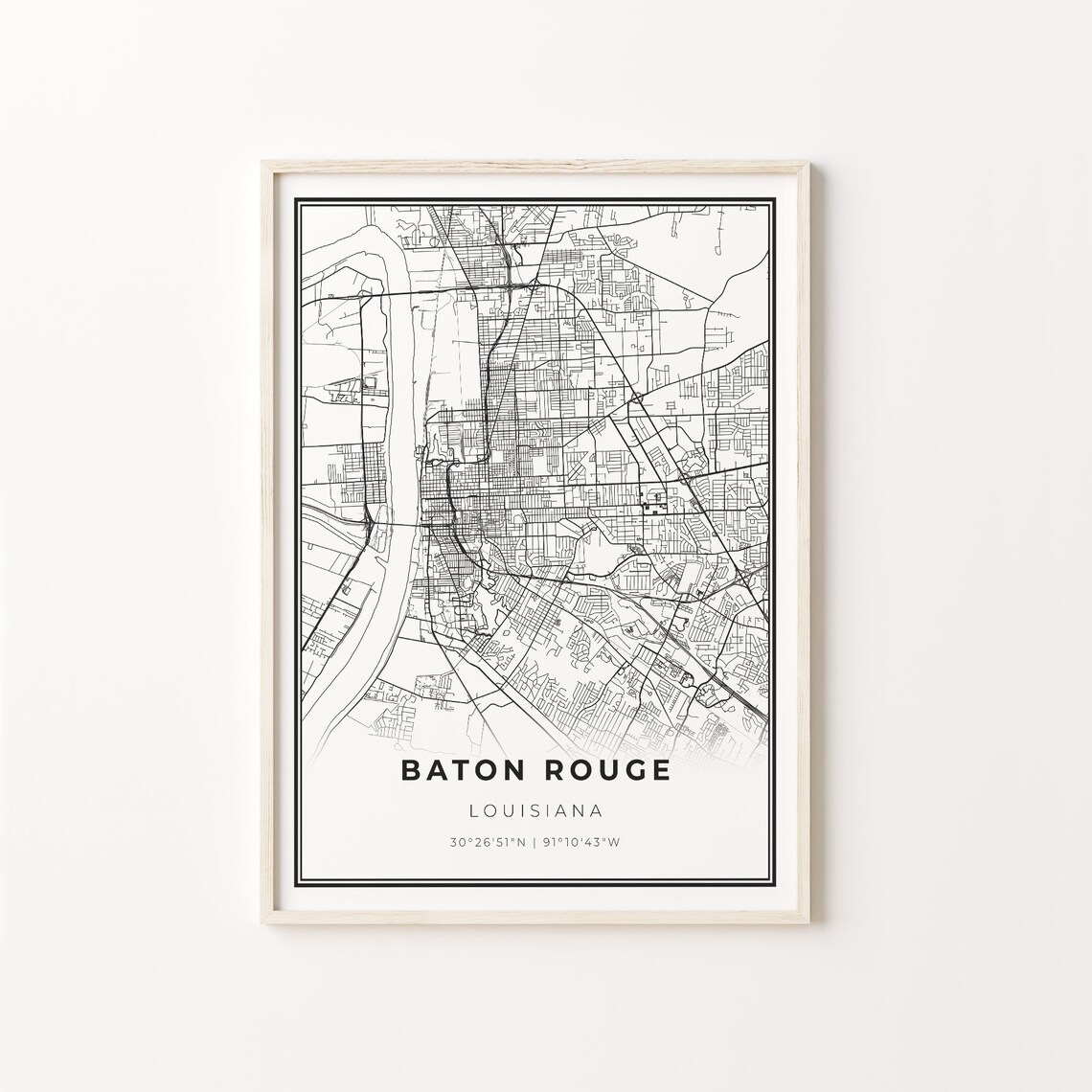 Baton Rouge Louisiana Black And White City Street Map Poster