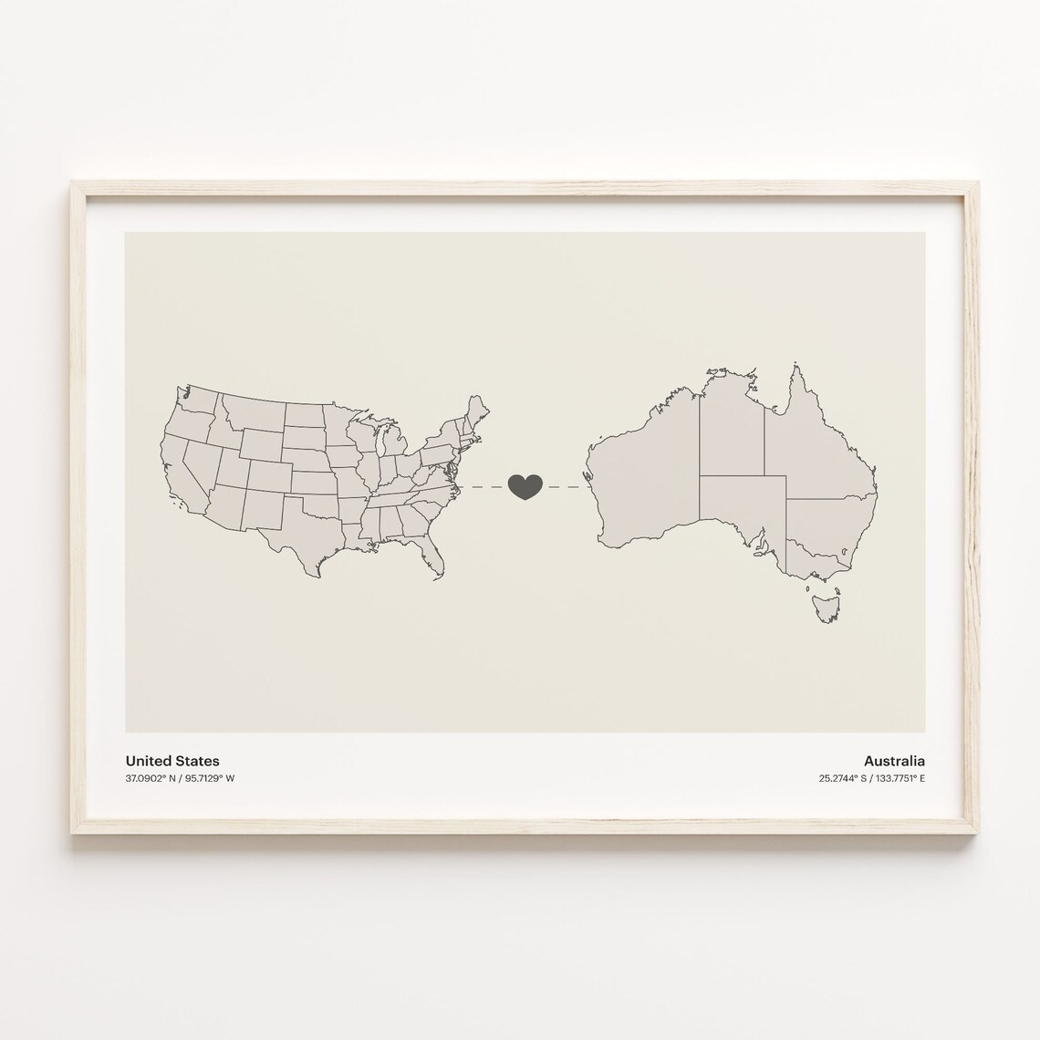 United States To Australia Minimalist Heart Connection Map Poster