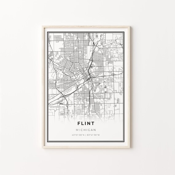 Flint Michigan Black And White Modern City Street Map Poster
