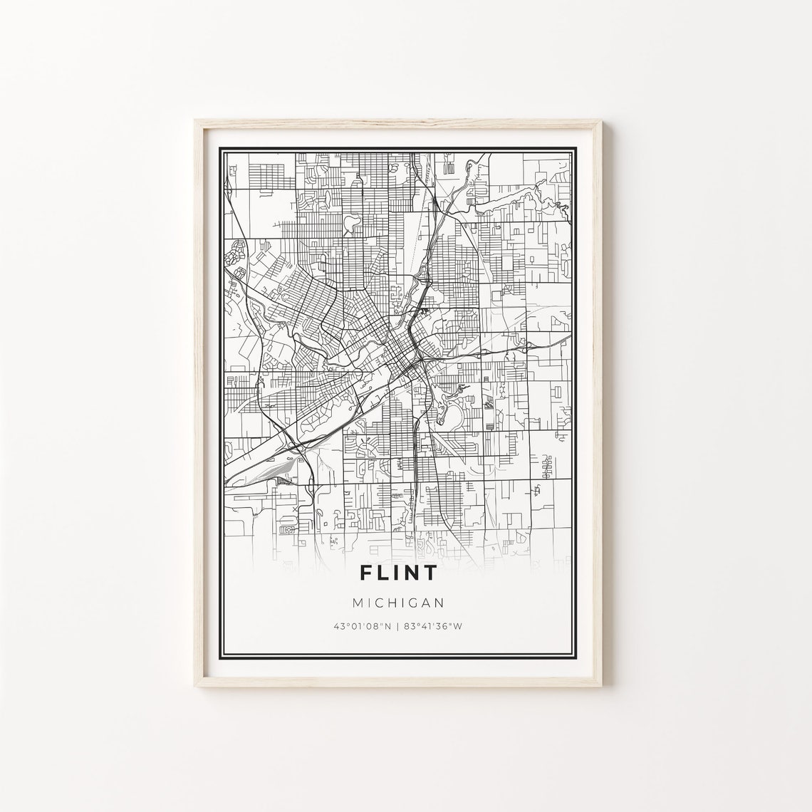 Flint Michigan Black And White Modern City Street Map Poster