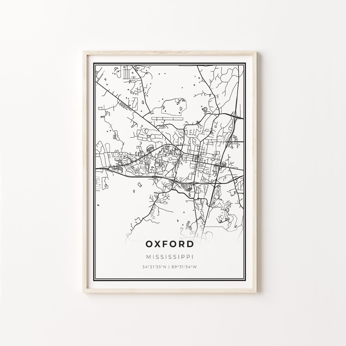 Oxford Mississippi Black and White Modern City Map Line Art Poster