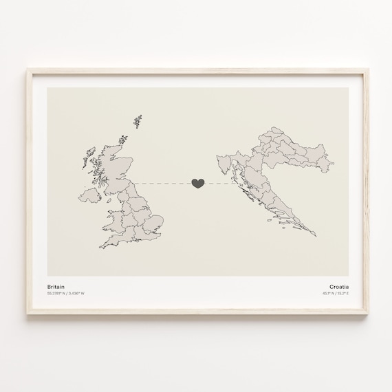 Britain to Croatia Heart Connection Minimalist Country Map Poster