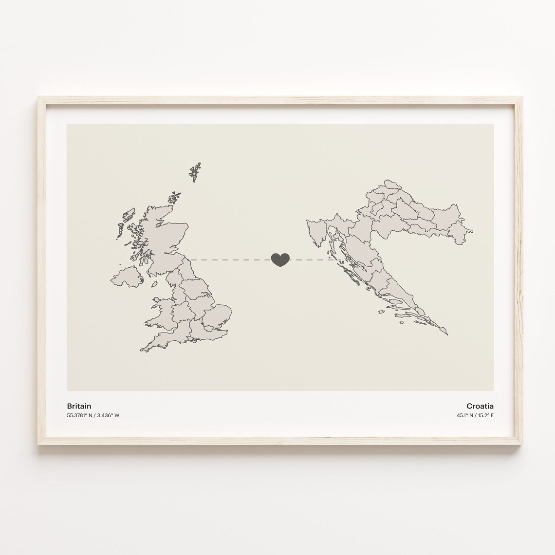 Britain to Croatia Heart Connection Minimalist Country Map Poster
